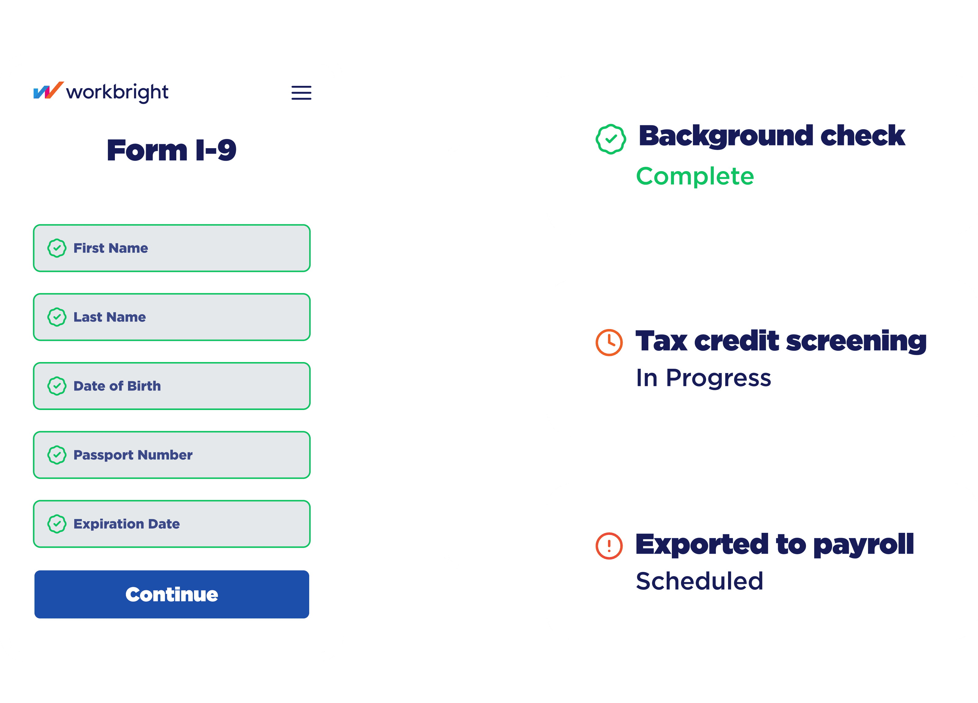 Candidate profile card, ID number, and a list of document verification requirements in the Workbright platform. Candidate profile card, ID number, and a list of document verification requirements in the Workbright platform.